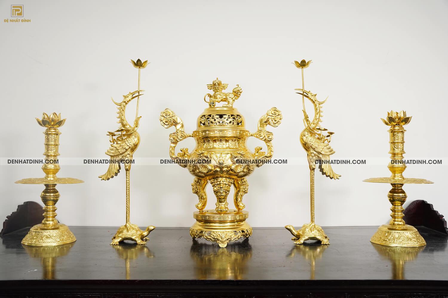 Bộ đỉnh đồng ngũ sự song long 66cm ( 5 chữ Hán ) dát vàng toàn bộ - Ảnh 5