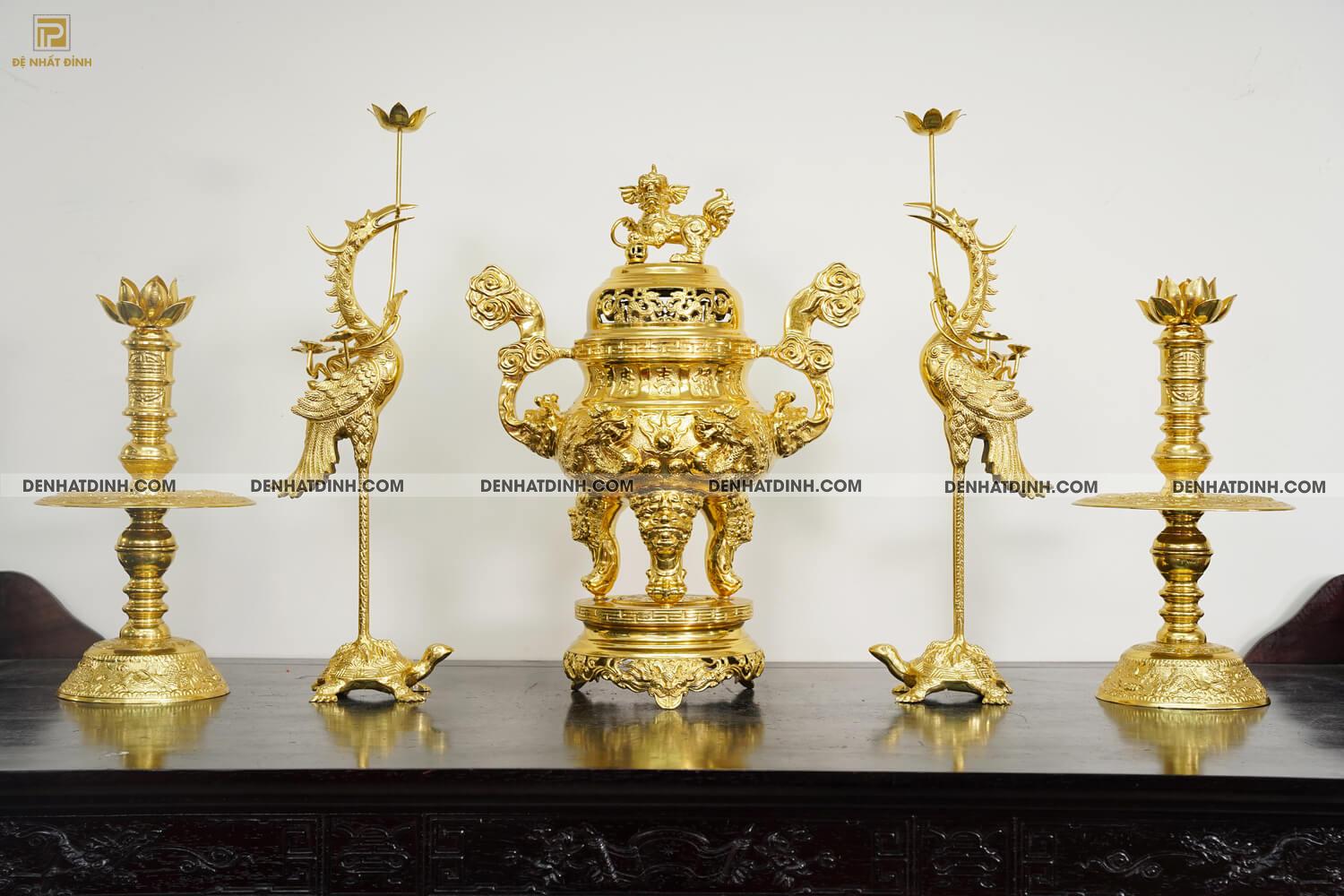Bộ đỉnh đồng ngũ sự song long 66cm ( 5 chữ Hán ) dát vàng toàn bộ