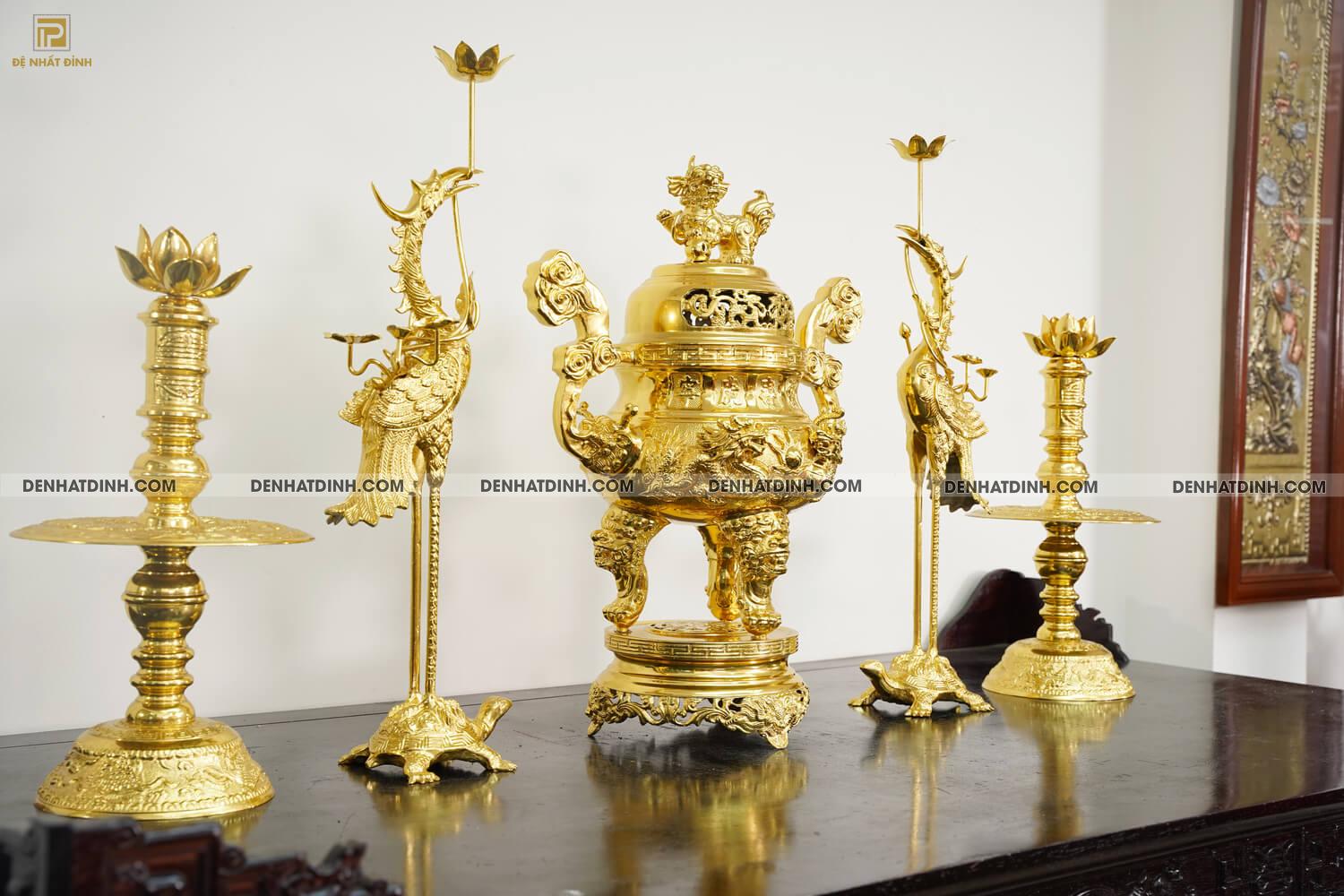 Bộ đỉnh đồng ngũ sự song long 66cm ( 5 chữ Hán ) dát vàng toàn bộ - Ảnh 2