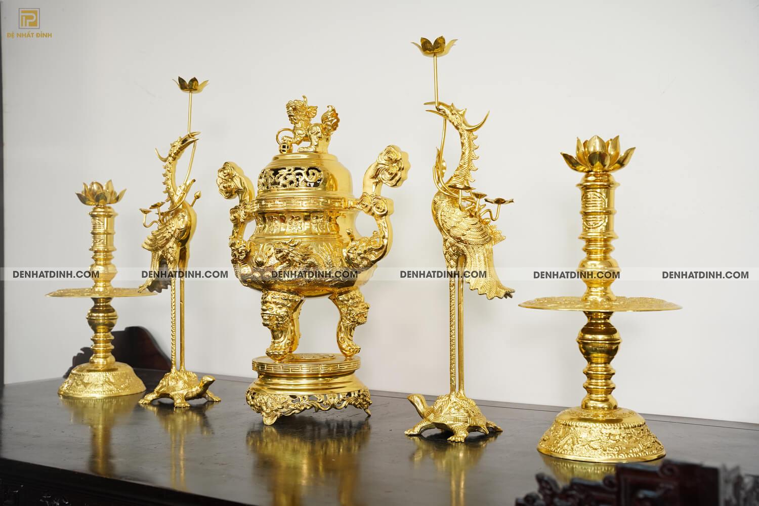 Bộ đỉnh đồng ngũ sự song long 66cm ( 5 chữ Hán ) dát vàng toàn bộ - Ảnh 3