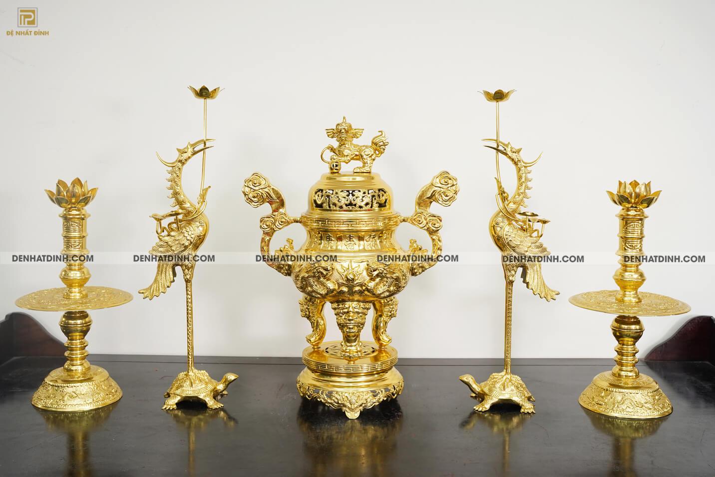 Bộ đỉnh đồng ngũ sự song long 66cm ( 5 chữ Hán ) dát vàng toàn bộ - Ảnh 4