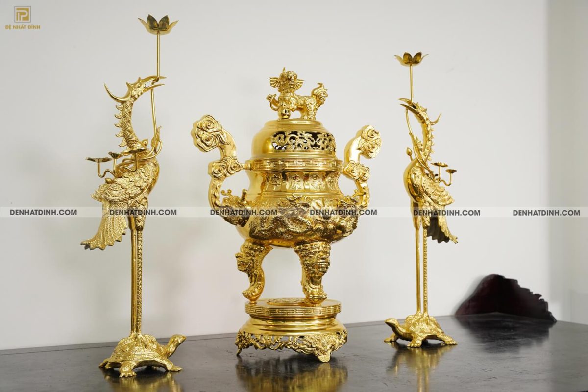 Bộ tam sự hạc song long 65 mẫu 3 dát vàng 24k - Ảnh 2