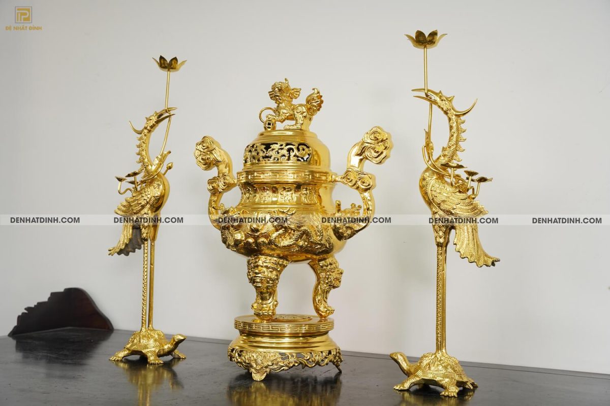 Bộ tam sự hạc song long 65 mẫu 3 dát vàng 24k - Ảnh 3
