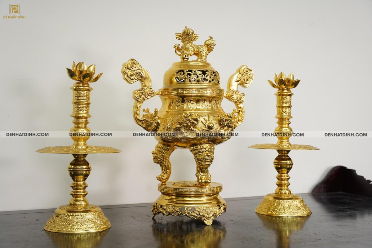Bộ tam sự nến song long 65 hoa văn dát vàng 24k - Ảnh 2