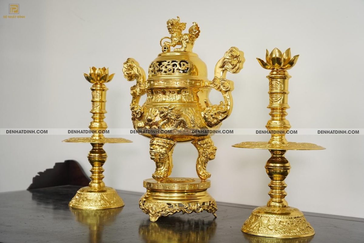 Bộ tam sự nến song long 65 hoa văn dát vàng 24k - Ảnh 3