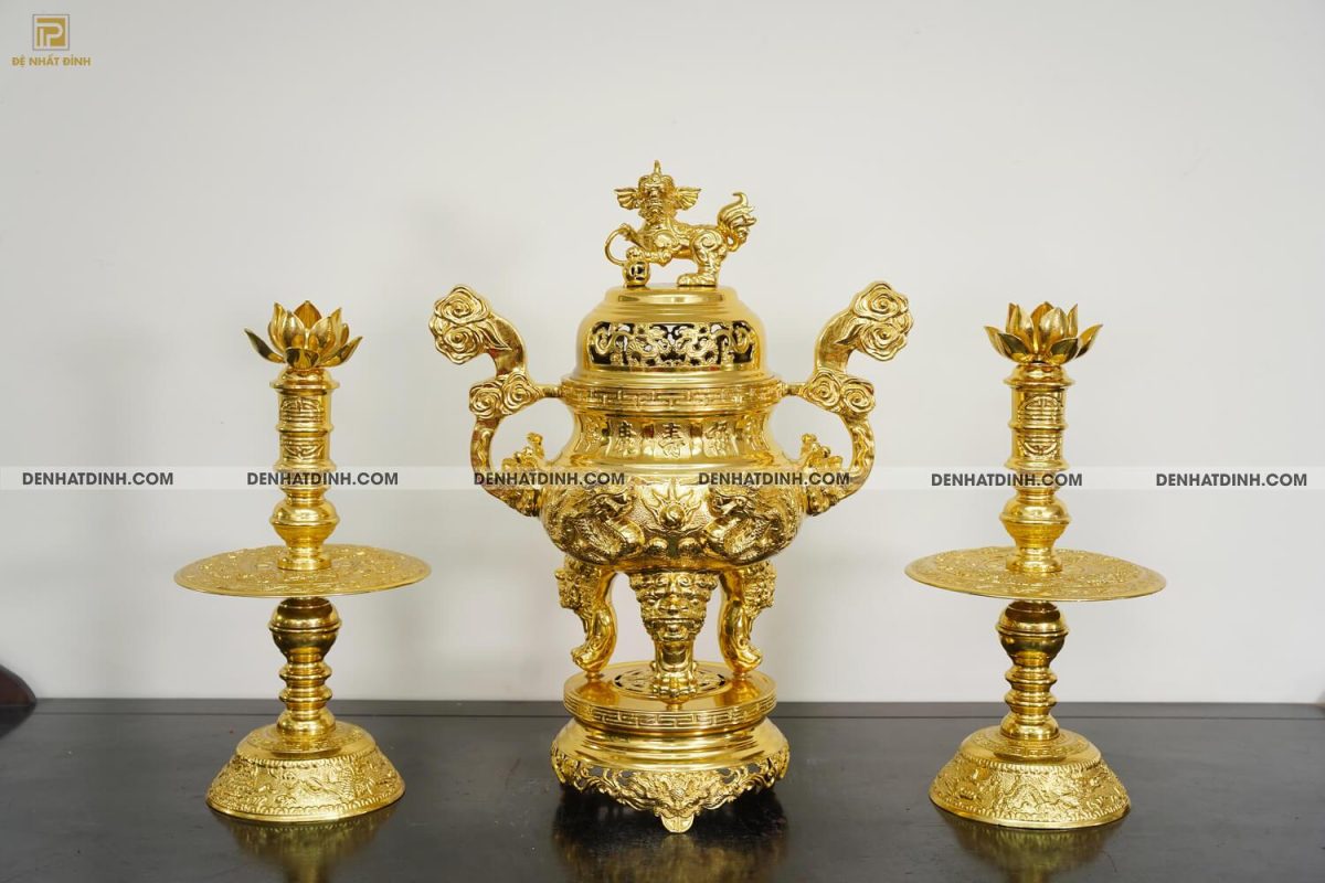 Bộ tam sự nến song long 65 hoa văn dát vàng 24k - Ảnh 4