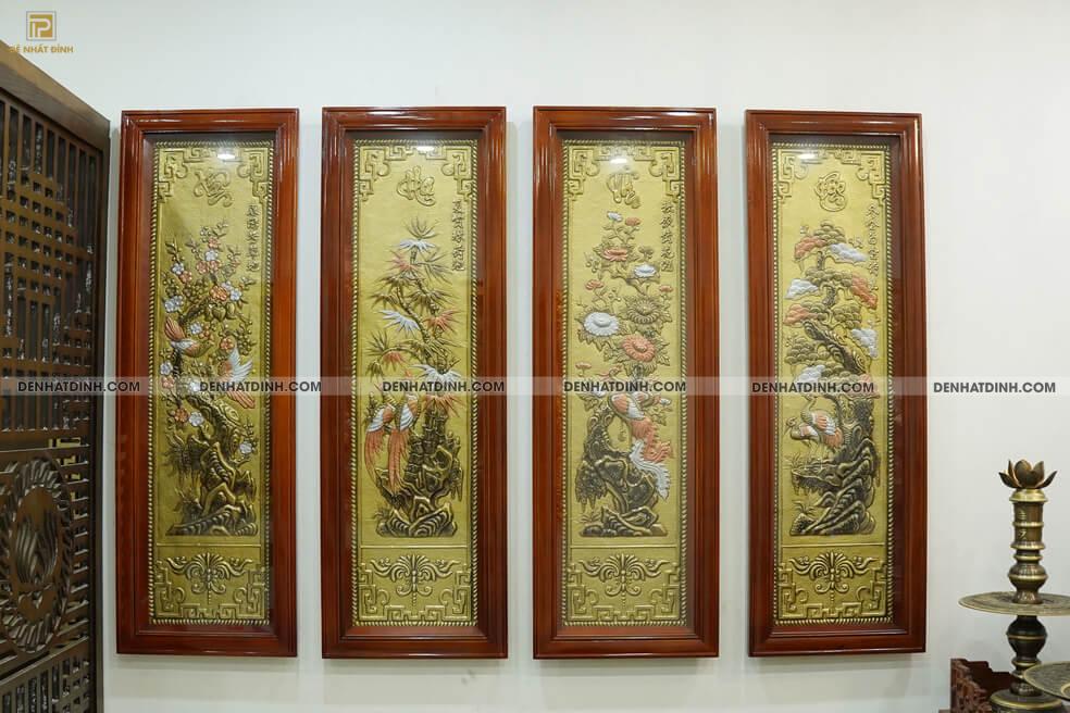Tranh Tứ Quý Bằng Đồng Tùng Cúc Trúc Mai Cao 120cm x rộng 40cm