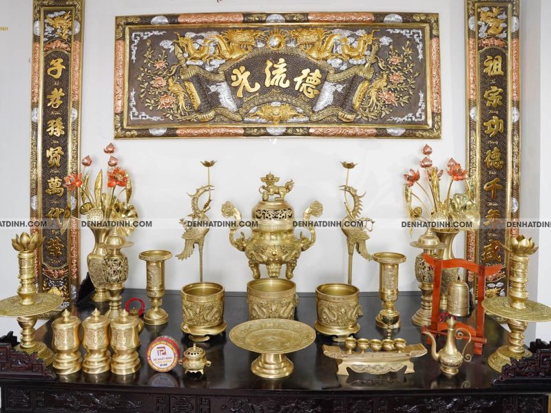 Bộ đồng ngũ sự song long cao 65cm hoa văn màu vàng ánh xanh đầy đủ phụ kiện