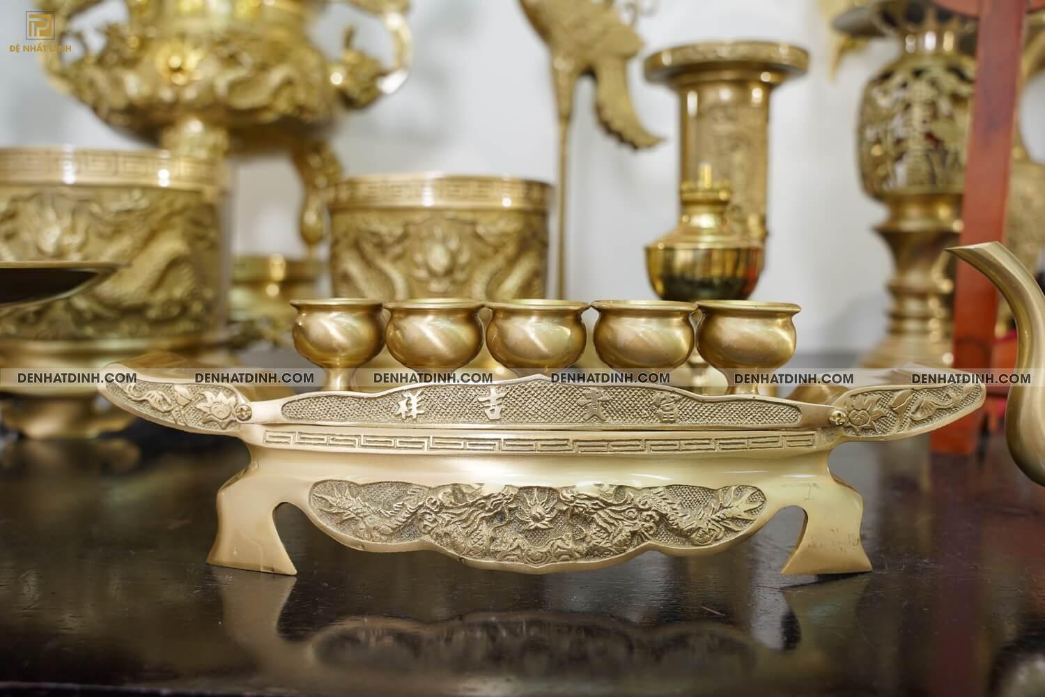 Bộ đồng ngũ sự song long cao 65cm hoa văn màu vàng ánh xanh đầy đủ phụ kiện - Ảnh 12