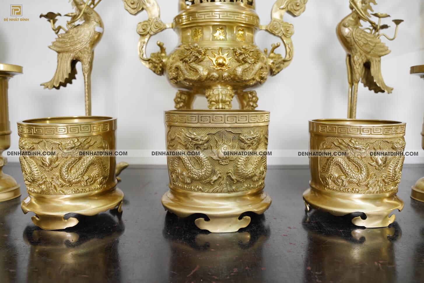 Bộ đồng ngũ sự song long cao 65cm hoa văn màu vàng ánh xanh đầy đủ phụ kiện - Ảnh 6