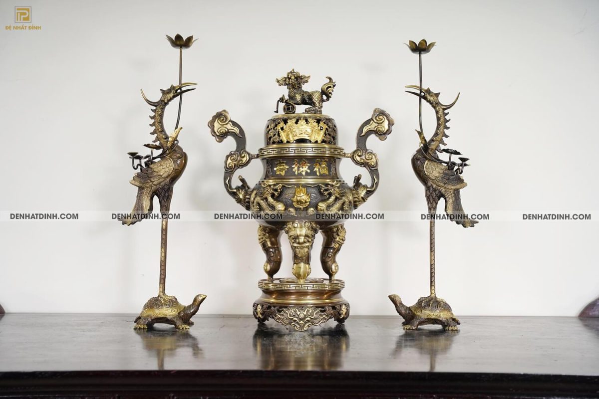 Bộ tam sự Song Long cao 65cm màu hun giả cổ 3 chữ Hán