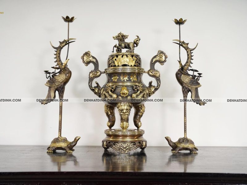 Bộ tam sự Song Long cao 65cm màu hun giả cổ 3 chữ Hán