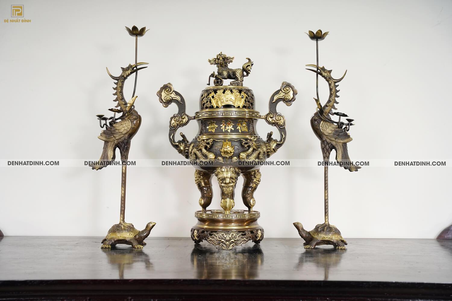 Bộ tam sự Song Long cao 65cm màu hun giả cổ 3 chữ Hán