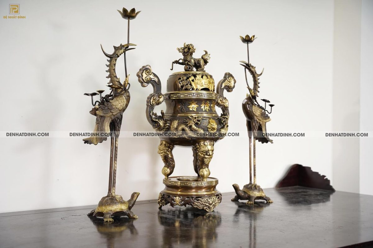Bộ tam sự Song Long cao 65cm màu hun giả cổ 3 chữ Hán - Ảnh 3