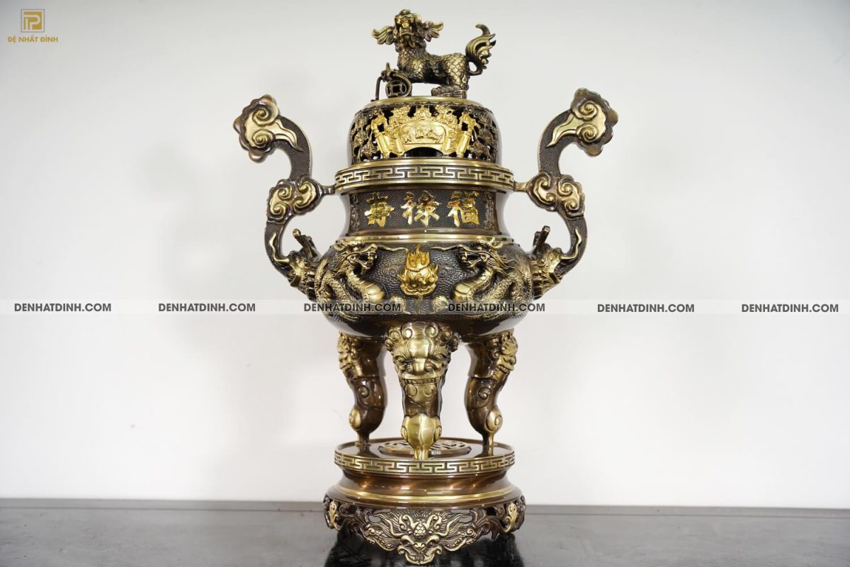 Đỉnh rồng cao 65cm Cuốn Thư màu hun giả cổ 3 chữ Hán
