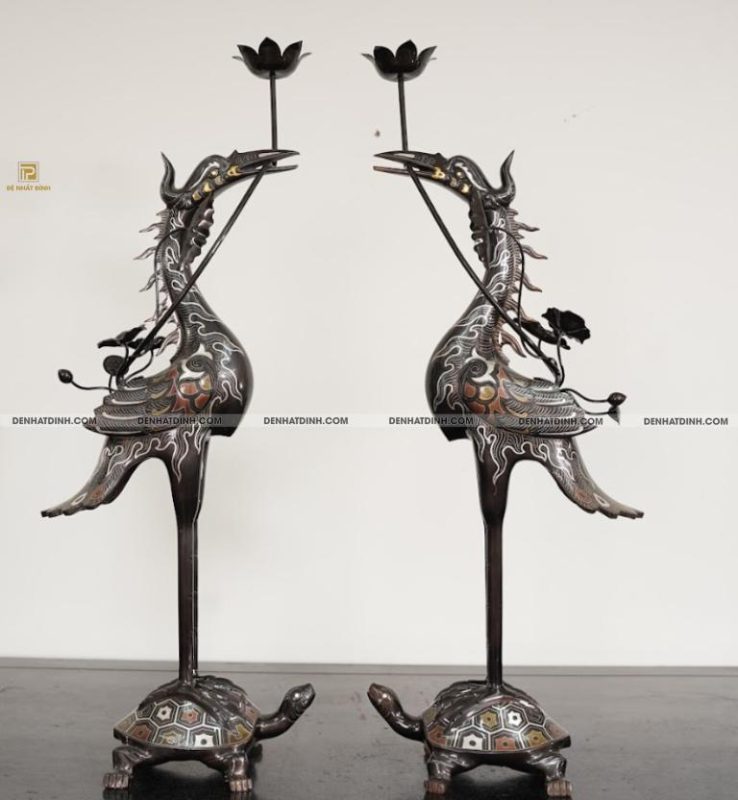 Bộ hạc thờ bằng đồng khảm tam khí