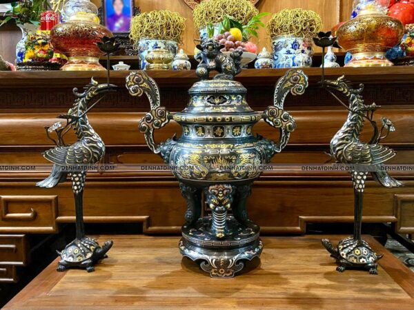 Bộ tam sự hạc song long 65 đồng đỏ khảm ngũ sắc