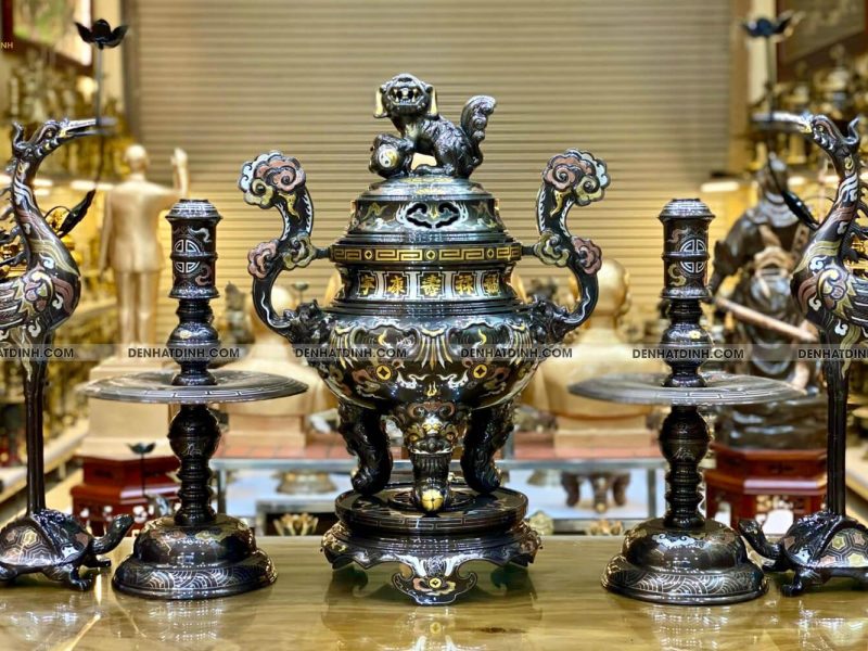 Bộ đỉnh đồng hoa sòi đồng đỏ khảm ngũ sắc