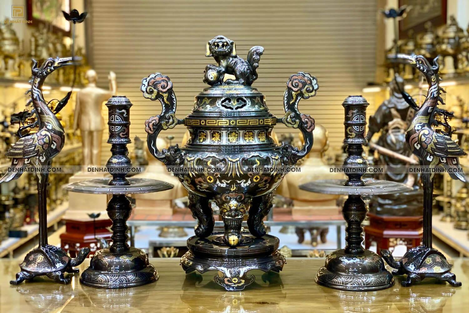 Bộ đỉnh đồng hoa sòi đồng đỏ khảm ngũ sắc