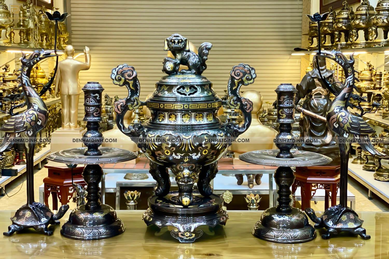 Bộ đỉnh đồng hoa sòi đồng đỏ khảm ngũ sắc - Ảnh 2