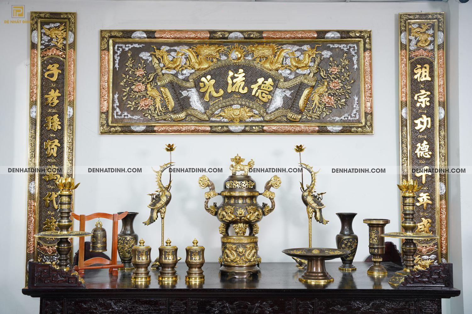 Bộ đỉnh đồng Ngũ sự Song Long 65 ( 5 chữ hán ) dát vàng điểm 36kg kèm 7 phụ kiện - Ảnh 4