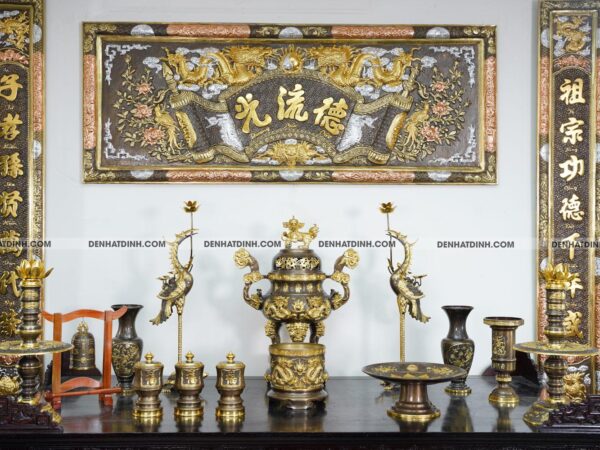 Bộ đỉnh đồng Ngũ sự Song Long 65 ( 5 chữ hán ) dát vàng điểm 36kg kèm 7 phụ kiện