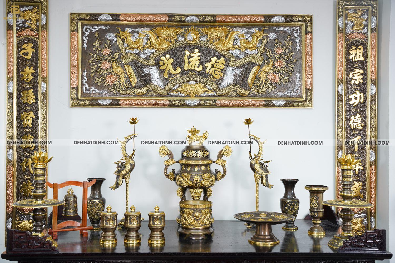 Bộ đỉnh đồng Ngũ sự Song Long 65 ( 5 chữ hán ) dát vàng điểm 36kg kèm 7 phụ kiện
