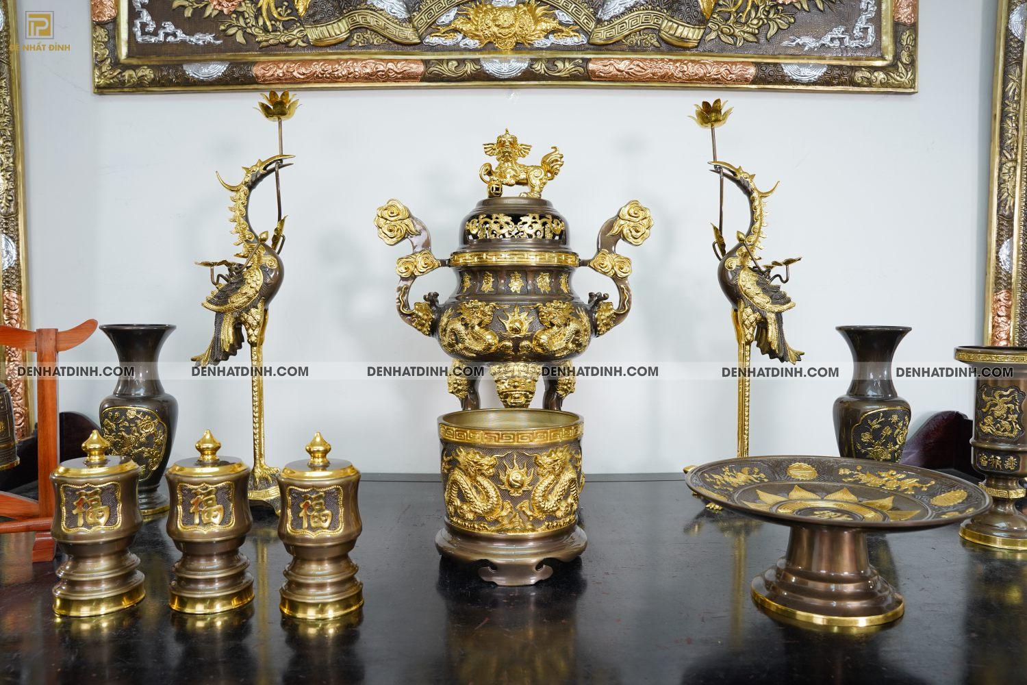 Bộ đỉnh đồng Ngũ sự Song Long 65 ( 5 chữ hán ) dát vàng điểm 36kg kèm 7 phụ kiện - Ảnh 2