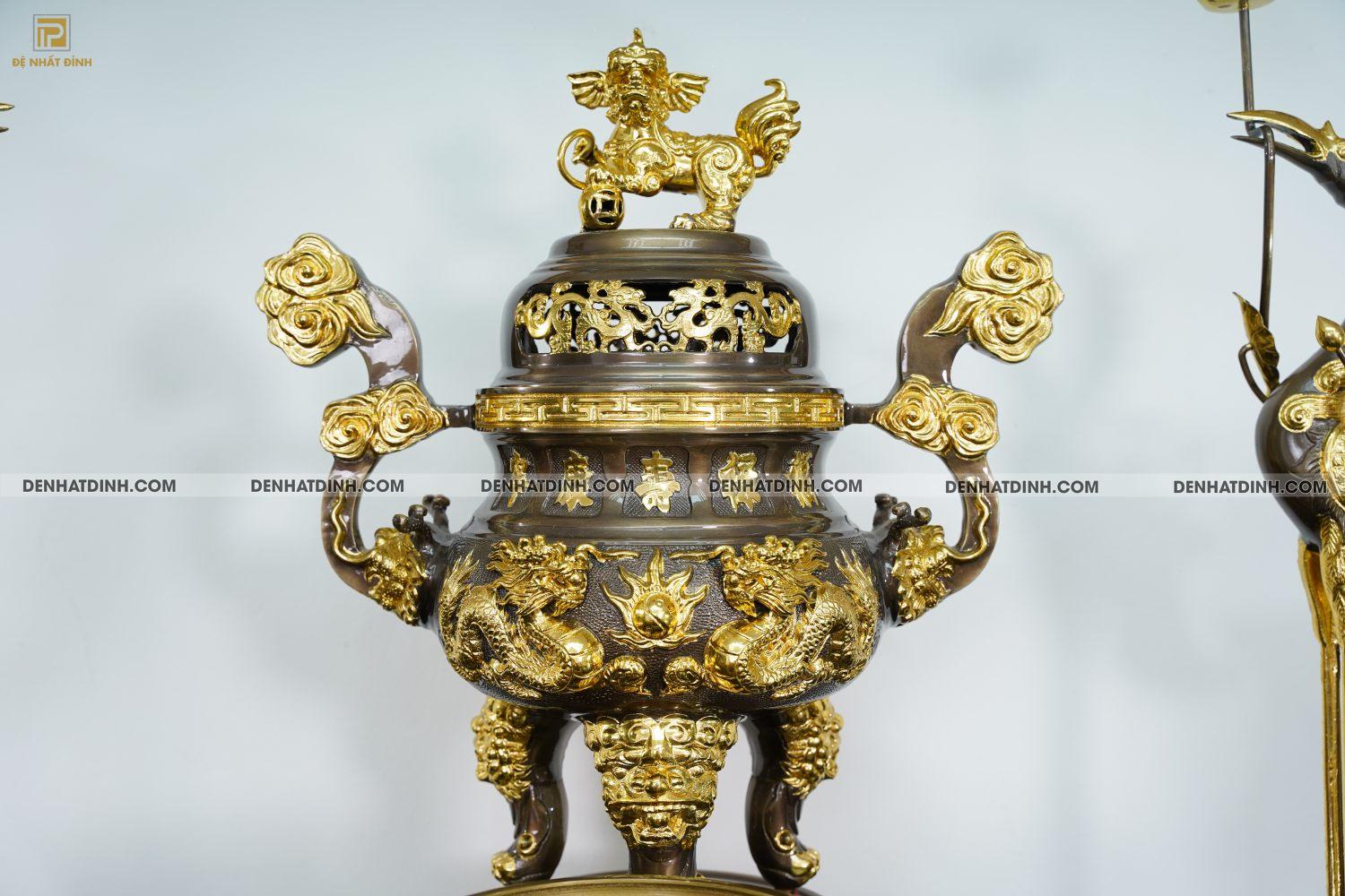 Bộ đỉnh đồng Ngũ sự Song Long 65 ( 5 chữ hán ) dát vàng điểm 36kg kèm 7 phụ kiện - Ảnh 7