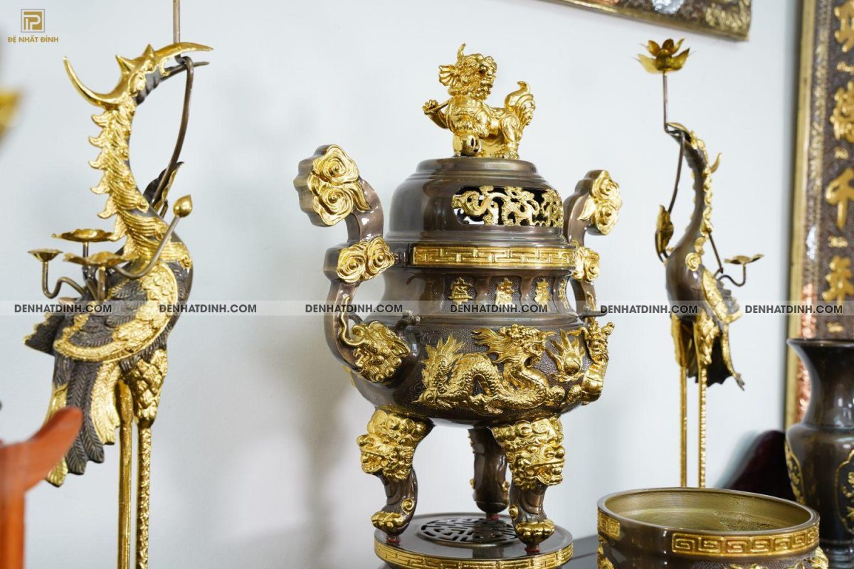 Bộ đỉnh đồng Ngũ sự Song Long 65 ( 5 chữ hán ) dát vàng điểm 36kg kèm 7 phụ kiện - Ảnh 6