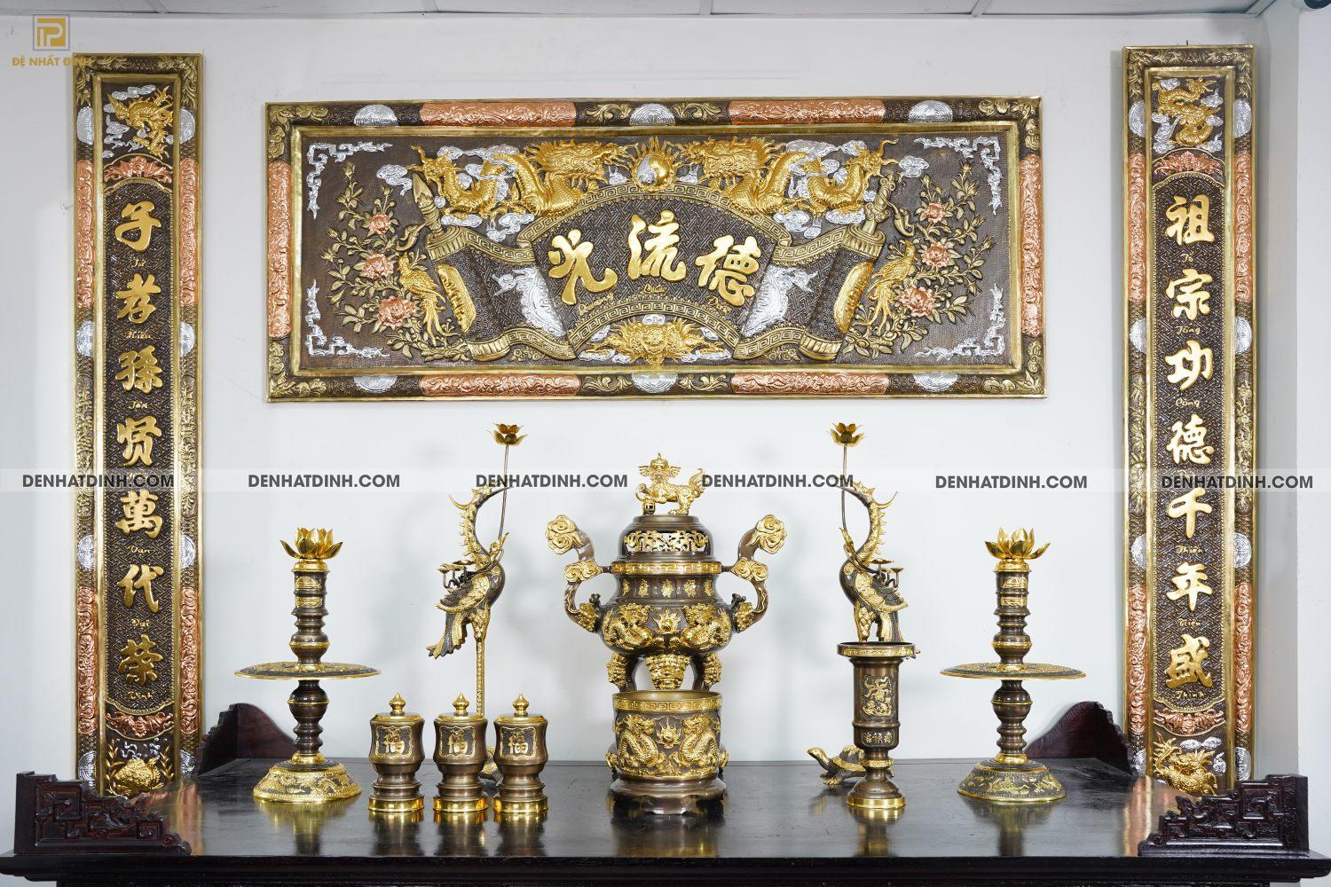 Bộ Ngũ sự Song Long 65 mẫu 3 dát vàng điểm 36kg kèm đài nước, bát hương, ống hương - Ảnh 3
