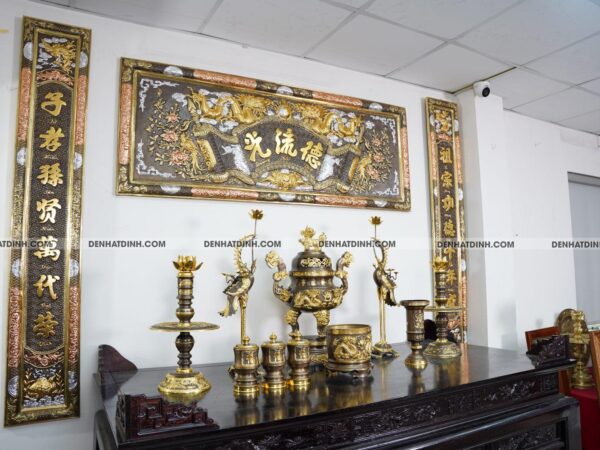 Alternative view of Bộ Ngũ sự Song Long 65 mẫu 3 dát vàng điểm 36kg kèm đài nước, bát hương, ống hương