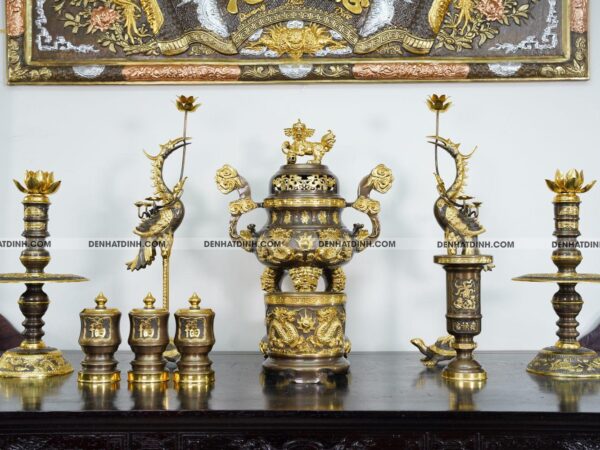 Bộ Ngũ sự Song Long 65 mẫu 3 dát vàng điểm 36kg kèm đài nước, bát hương, ống hương