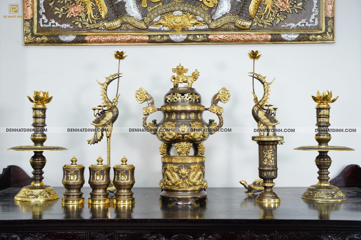 Bộ Ngũ sự Song Long 65 mẫu 3 dát vàng điểm 36kg kèm đài nước, bát hương, ống hương
