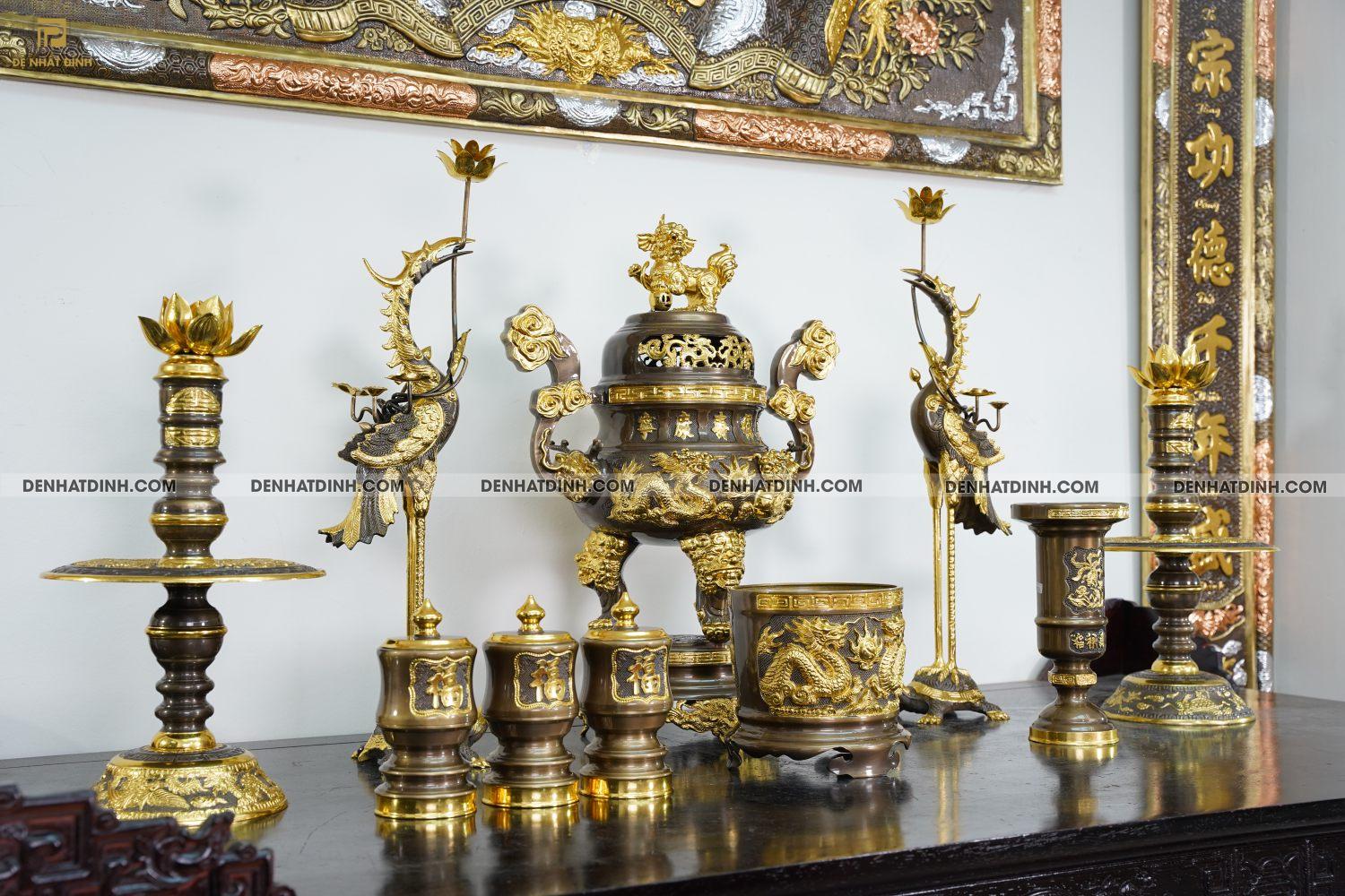Bộ Ngũ sự Song Long 65 mẫu 3 dát vàng điểm 36kg kèm đài nước, bát hương, ống hương - Ảnh 5