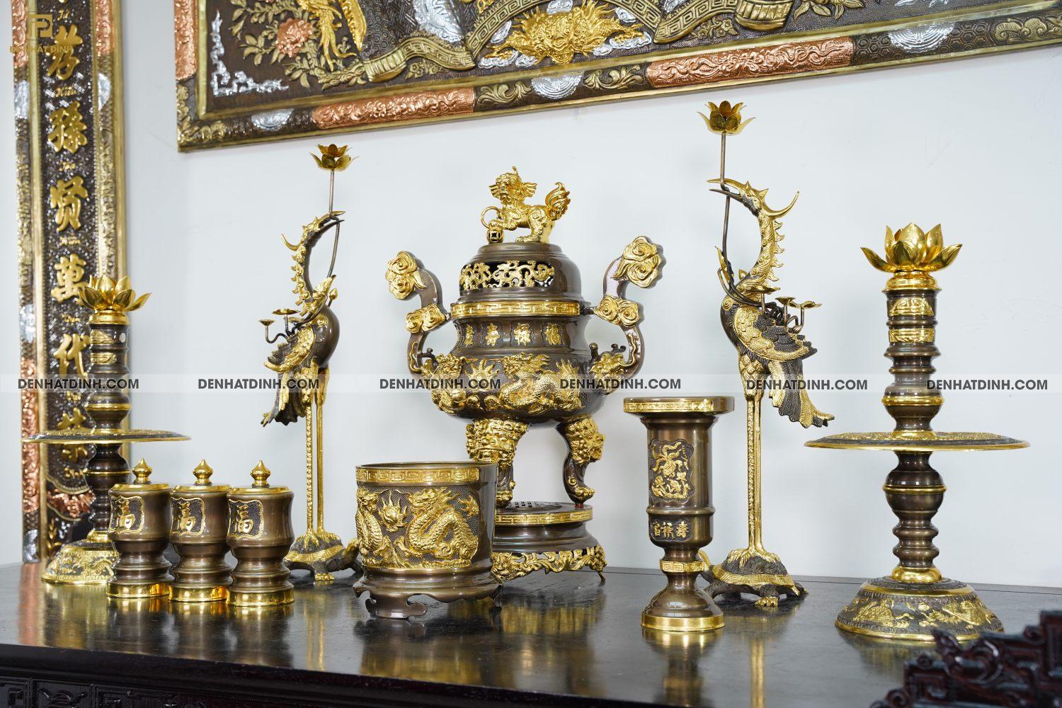 Bộ Ngũ sự Song Long 65 mẫu 3 dát vàng điểm 36kg kèm đài nước, bát hương, ống hương - Ảnh 4