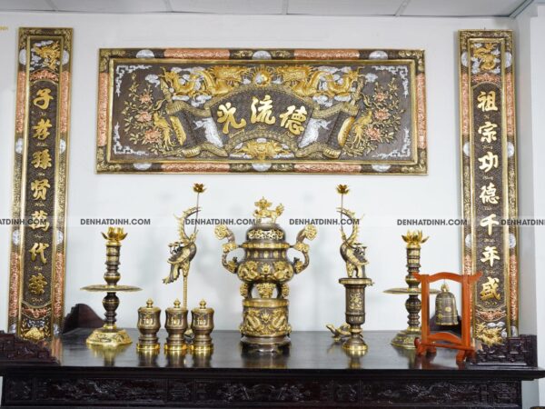 Bộ Đồng Ngũ sự Song Long 65 mẫu 3 dát vàng điểm 36kg kèm 4 phụ kiện