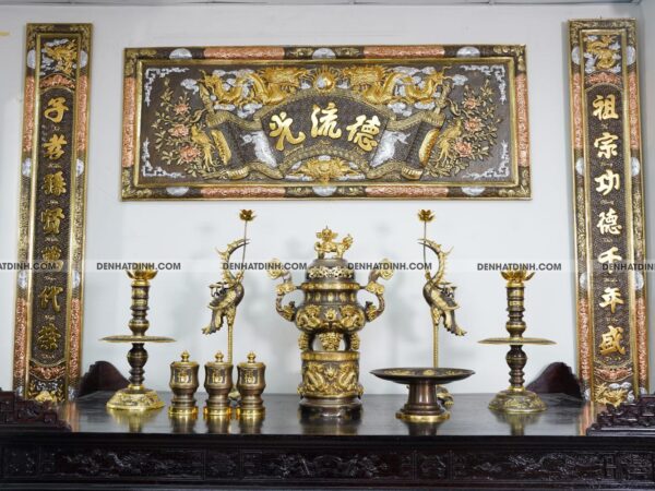 Bộ Ngũ sự Song Long 65 mẫu 3 dát vàng điểm 36kg kèm đài nước, mâm bồng, bát hương