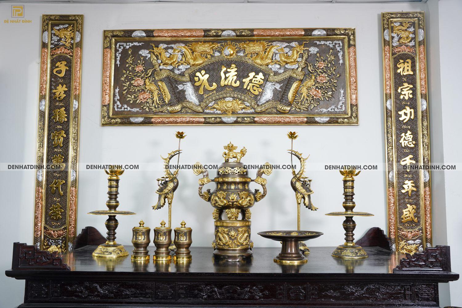 Bộ Ngũ sự Song Long 65 mẫu 3 dát vàng điểm 36kg kèm đài nước, mâm bồng, bát hương