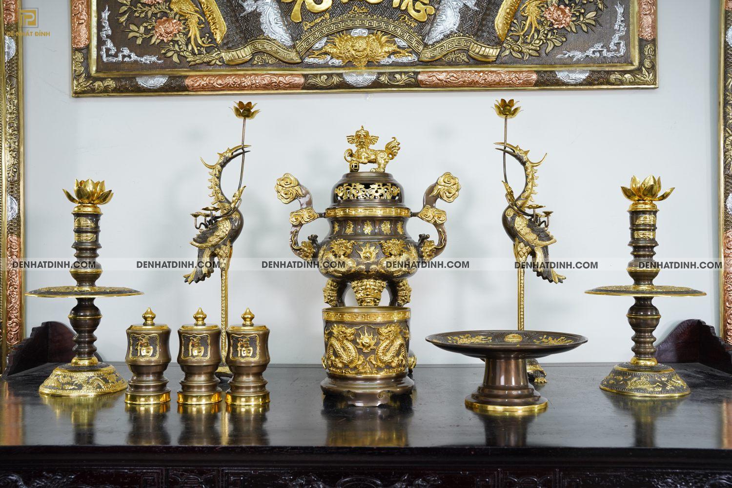 Bộ Ngũ sự Song Long 65 mẫu 3 dát vàng điểm 36kg kèm đài nước, mâm bồng, bát hương - Ảnh 8