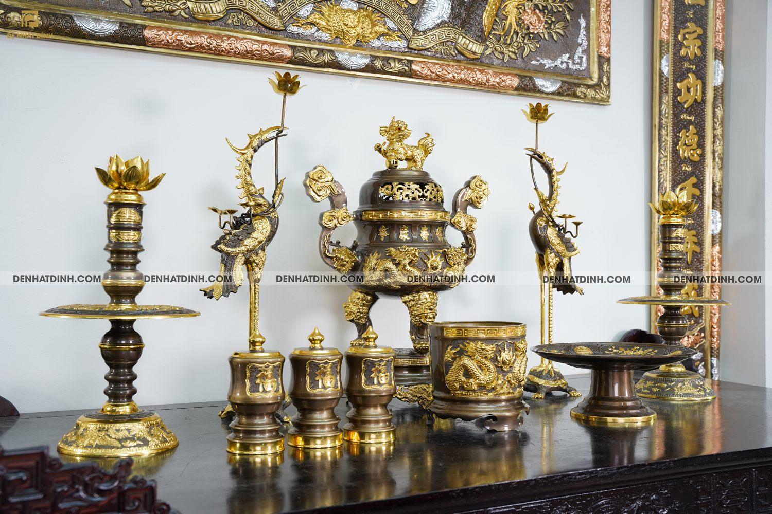 Bộ Ngũ sự Song Long 65 mẫu 3 dát vàng điểm 36kg kèm đài nước, mâm bồng, bát hương - Ảnh 7