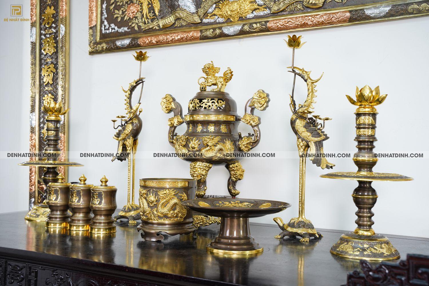 Bộ Ngũ sự Song Long 65 mẫu 3 dát vàng điểm 36kg kèm đài nước, mâm bồng, bát hương - Ảnh 6