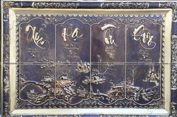 Tranh tùng cúc trúc mai bằng đồng được đúc liền khung độ bền cao