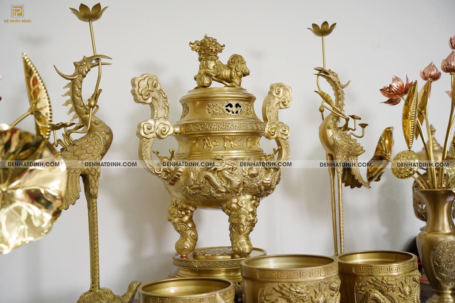 Bộ đỉnh đồng ngũ sự Song Long 65 Nắp Thọ cùng 10 phụ kiện ban thờ - Ảnh 18