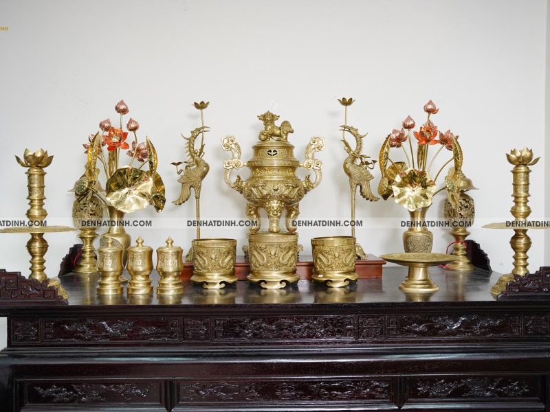 Bộ đỉnh đồng ngũ sự Song Long 65 Nắp Thọ cùng 10 phụ kiện ban thờ