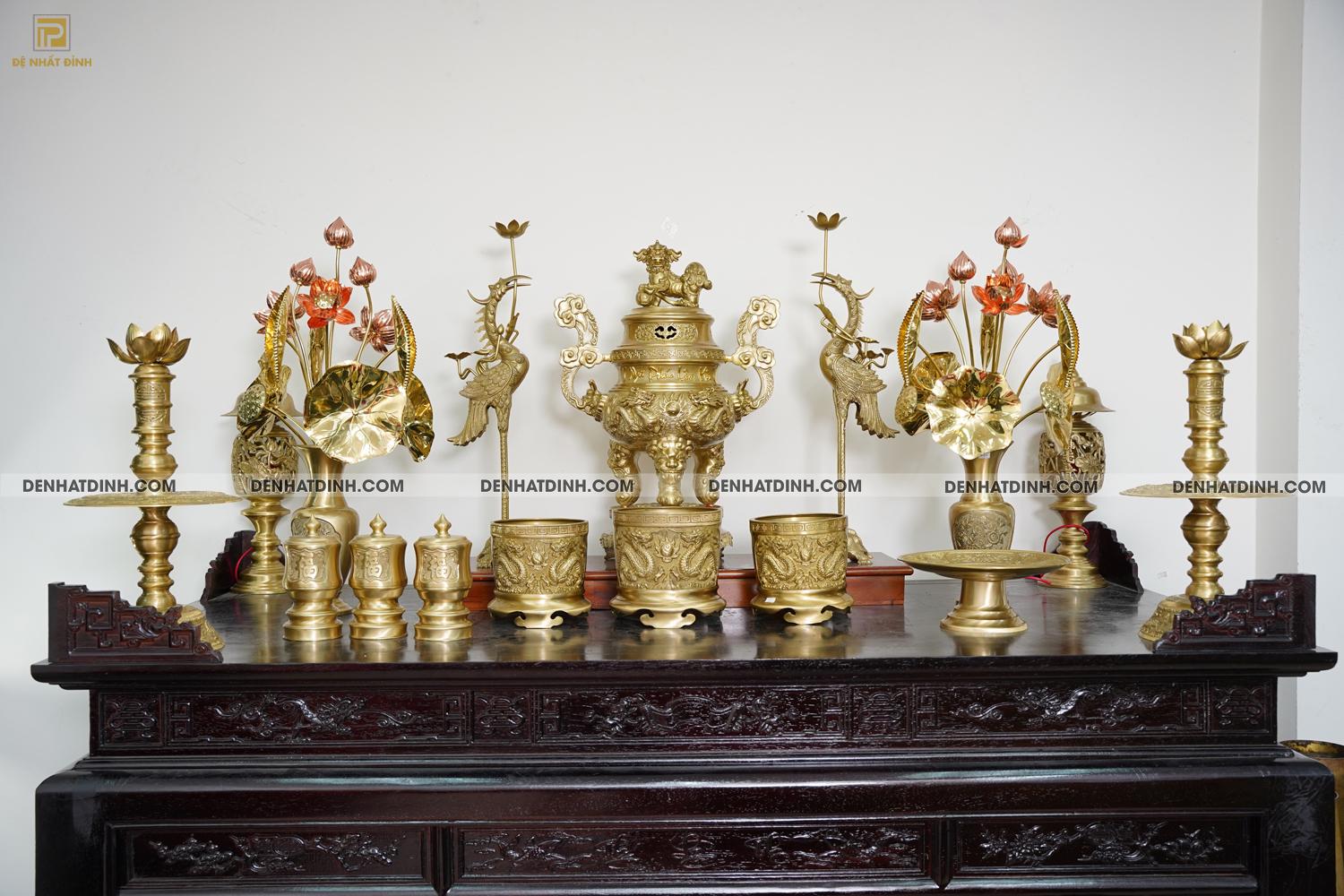 Bộ đỉnh đồng ngũ sự Song Long 65 Nắp Thọ cùng 10 phụ kiện ban thờ