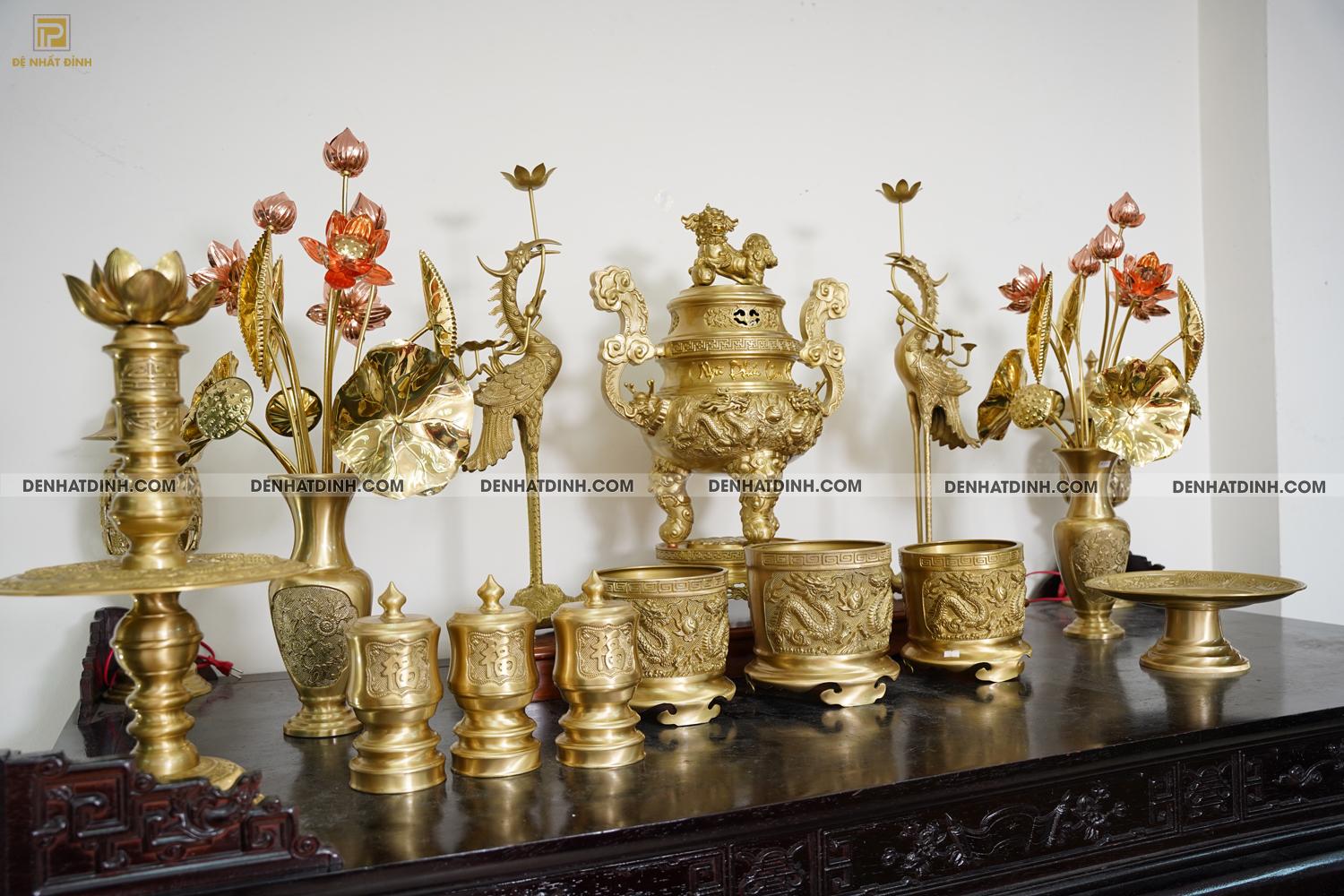 Bộ đỉnh đồng ngũ sự Song Long 65 Nắp Thọ cùng 10 phụ kiện ban thờ - Ảnh 3