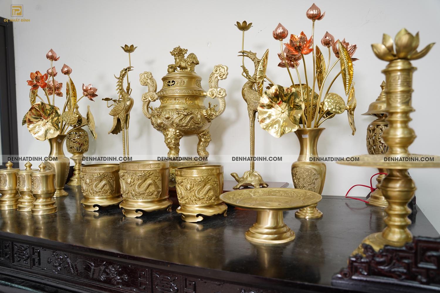 Bộ đỉnh đồng ngũ sự Song Long 65 Nắp Thọ cùng 10 phụ kiện ban thờ - Ảnh 2