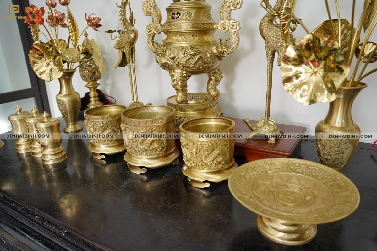 Bộ đỉnh đồng ngũ sự Song Long 65 Nắp Thọ cùng 10 phụ kiện ban thờ - Ảnh 14
