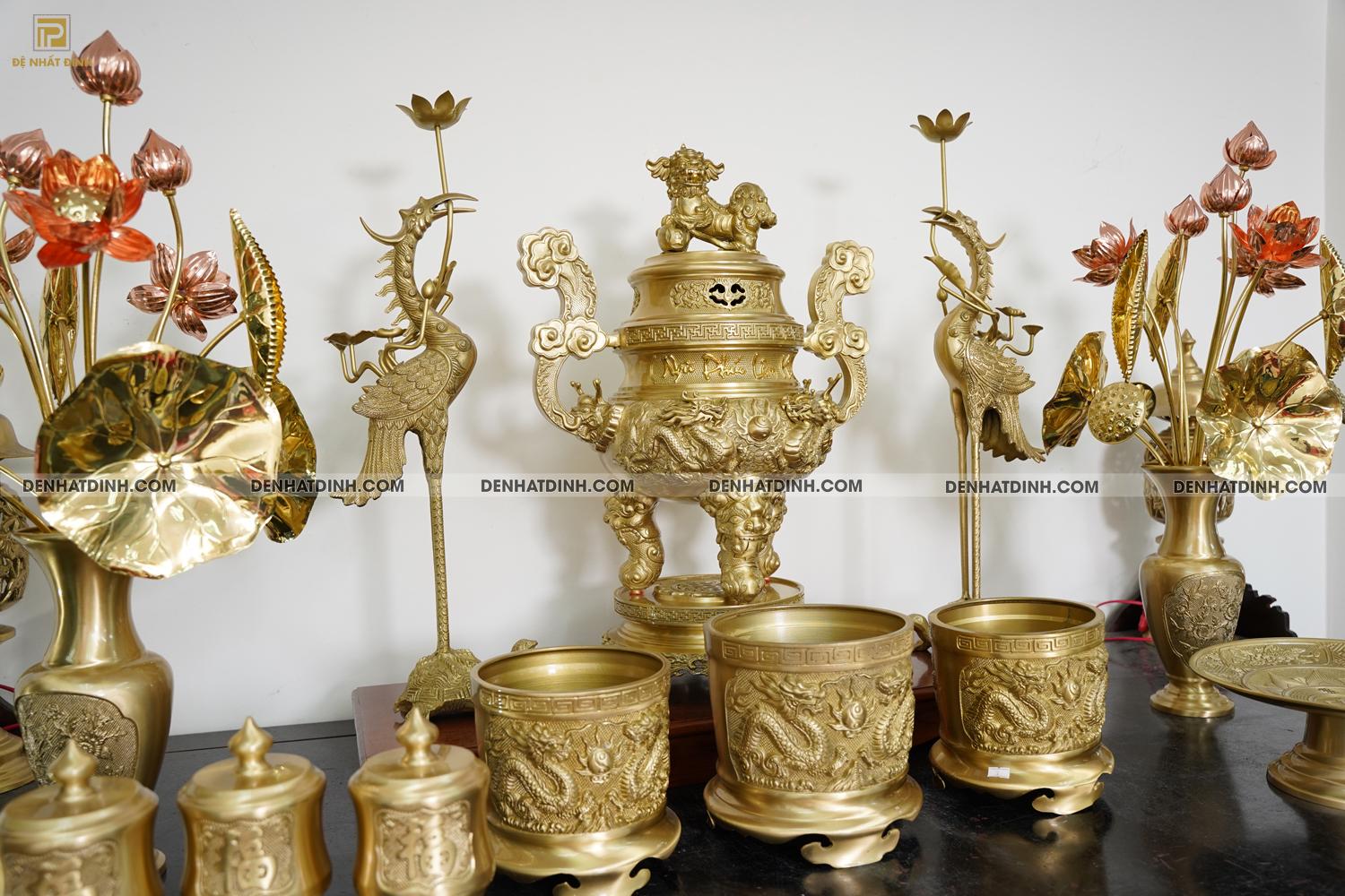 Bộ đỉnh đồng ngũ sự Song Long 65 Nắp Thọ cùng 10 phụ kiện ban thờ - Ảnh 12